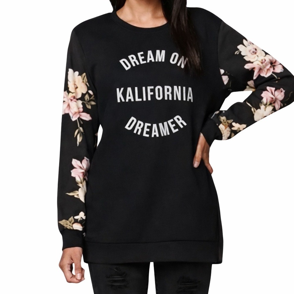 Kendall & Kylie Black Sweatshirt with Pink Floral Sleeves